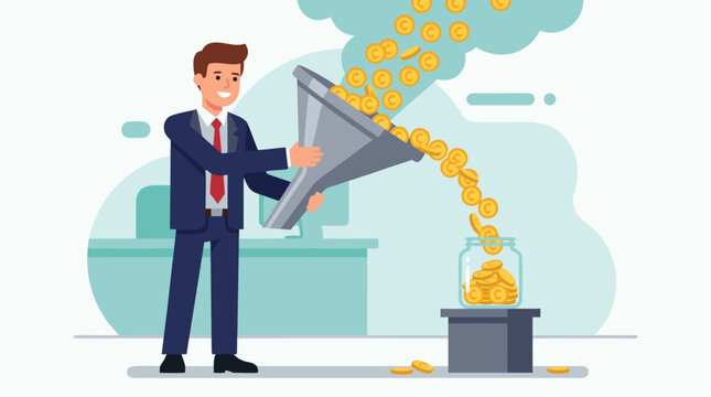 Smiling businessman holding a giant funnel that channels a sparkling stream of gold coins into a glass savings jar, clean vector finance concept for budgeting, cash flow and wealth accumulation