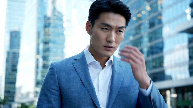 Stressed Asian Businessman Rubbing Eyes in Urban Business District