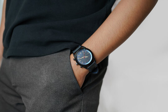 Elegant Men&rsquo;s Wristwatch on Hand with Black Casual Outfit Lifestyle Fashion
