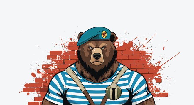 Fierce brown bear character wearing a blue paratrooper beret and striped shirt against a brick wall with red splatters.