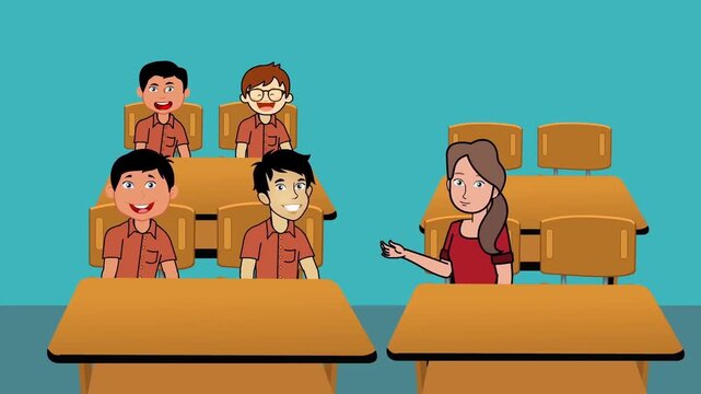 Group of Diverse School Children Sitting at Desks While Lonely Girl Sits Apart, Classmate Exclusion or Social Bullying Concept, 2D Animation