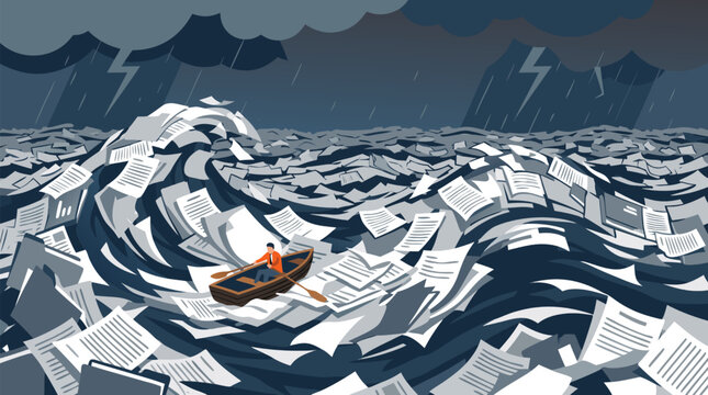 Tiny professional rowing a small wooden boat through a vast stormy ocean of paperwork, documents and deadlines, bureaucracy overwhelm and workload survival vector illustration concept scene