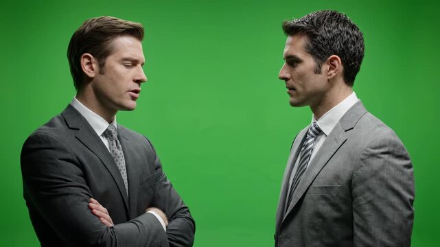 Two Businessmen in Serious Confrontation on Green Screen Background