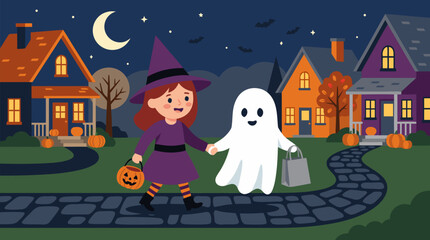 Naklejka premium Adorable little witch and friendly ghost holding hands while trick-or-treating on a moonlit Halloween street, with glowing houses, pumpkins, bats, candy bags, autumn trees, and cozy spooky charm