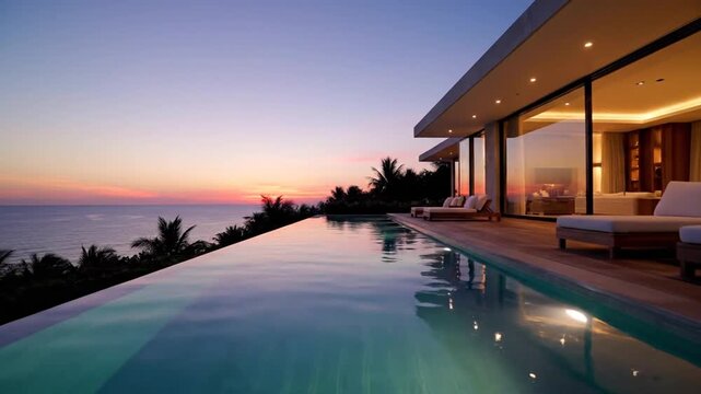A serene oceanfront infinity pool at sunset reflects the house and palm trees.
