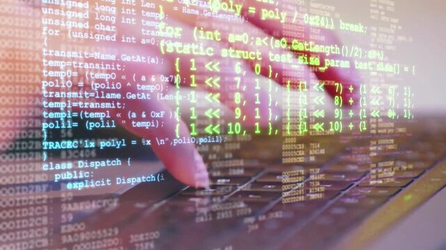 Software Developer Typing Source Code on Laptop With Digital Programming Interface