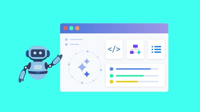 Modern flat vector animation of an AI creative workflow dashboard with virtual assistant, design tools, code editor, visual assets, and project management interface. Ideal for artificial intelligence,