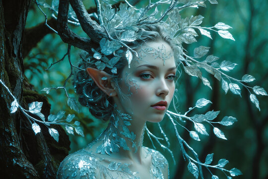 Fantasy portrait young beautiful woman magic model plant green leaves from fairy tale AI Generative