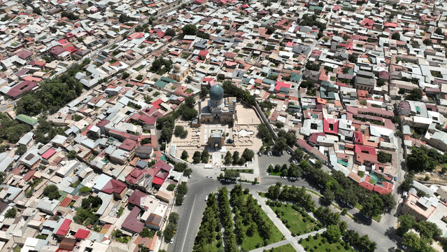 The Mausoleum of Amir Timur is located in Samarkand. The mausoleum was built in the 15th century. A drone view of the structures.
