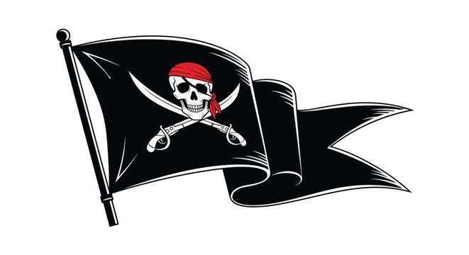 Black pirate flag featuring a jolly roger skull with a red bandana and crossed swords waving on a flagpole.