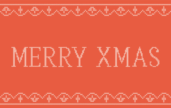 Cross stitch embroidery merry Christmas text banner. Pixelated needlework vintage greeting card background with festive geometric border. Folk ornament header vector illustration.