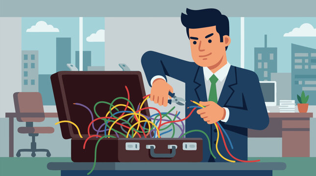 Clean vector business risk concept showing confident manager defusing a chaotic tangle of colored wires exploding from an open briefcase in modern office, problem solving under pressure