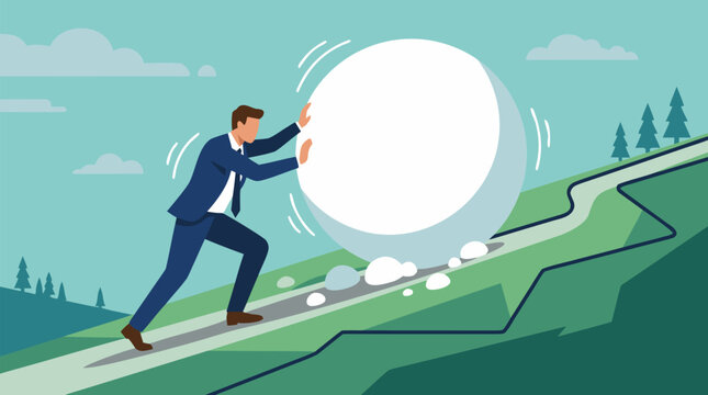 Determined executive pushing a giant growing snowball uphill, metaphor vector illustration of compounding effort, momentum, business challenge, persistence and exponential growth concept
