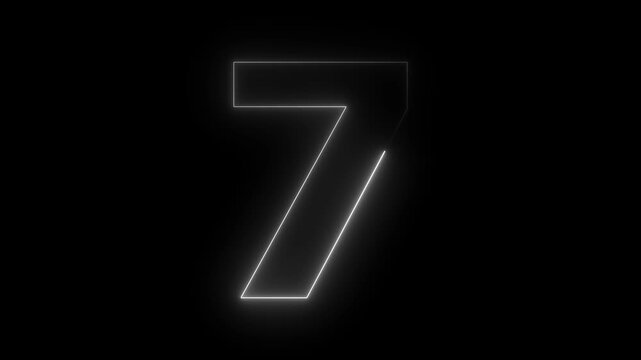 Number 7 seven - animated light outline on black background 4k video.