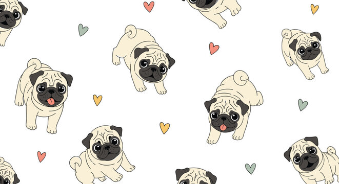 Adorable repeating pattern featuring cute pug dogs sitting and standing among small colorful hearts on a plain white background for pet lovers.