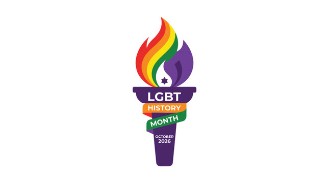 A colorful torch logo representing LGBT History Month with a yin yang symbol.