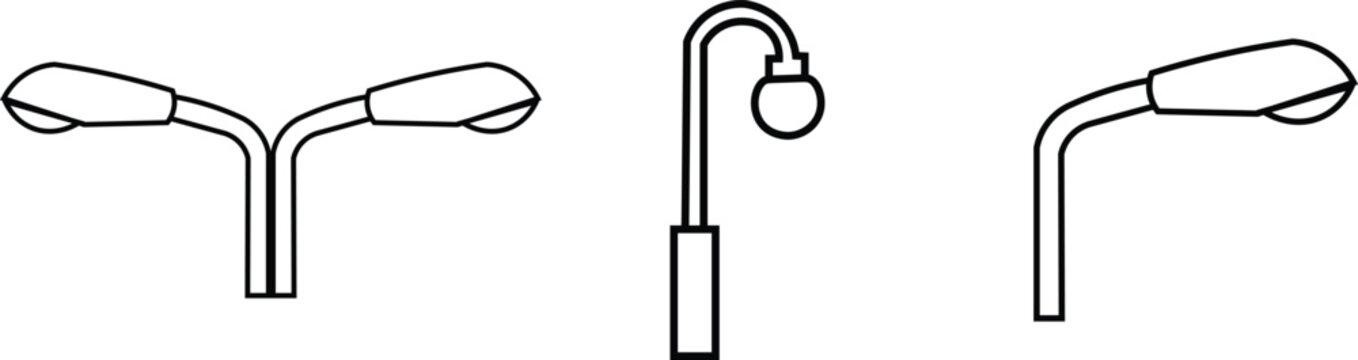 Line art illustration of three distinct outdoor street light designs, including a double-headed lamp, a classic curved pole with a spherical light, and a single angled street lamp.