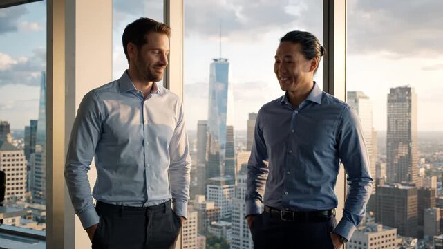 Two Businessmen Discussing in Modern Office with NYC Skyline View at Sunset
