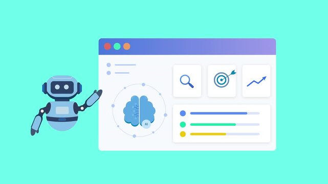 Modern flat vector animation of an AI business intelligence dashboard with virtual assistant, neural network visualization, analytics tools, performance tracking, and data insights. Ideal for artifici