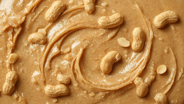 Close up of tasty creamy peanut butter with peanut nuts. Food background with free place for text.