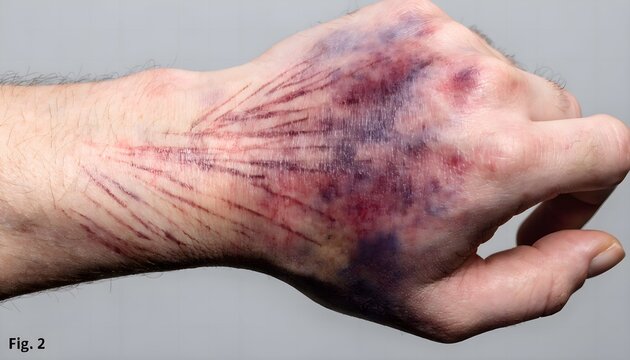 Defensive bruise and contusion pattern on dorsal forearm. Forensic medical examination photography isolated on neutral background.