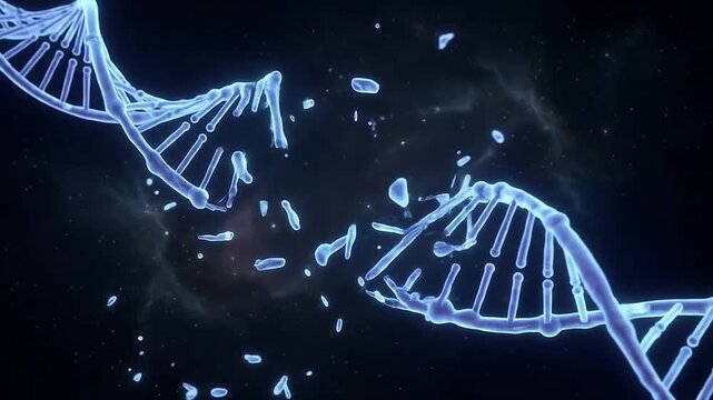 A glowing double helix structure breaking apart in dark space