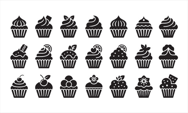 Minimal cupcake and dessert icon collection featuring assorted frosted cupcakes with cherries, berries, citrus, chocolate, mint leaves and decorative toppings in black flat vector style isolated on wh