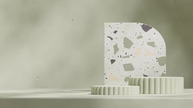 empty mockup green cylinder podium of with seamless shadow animation looping curved rectangle terrazzo backdrop, 3d video rendering