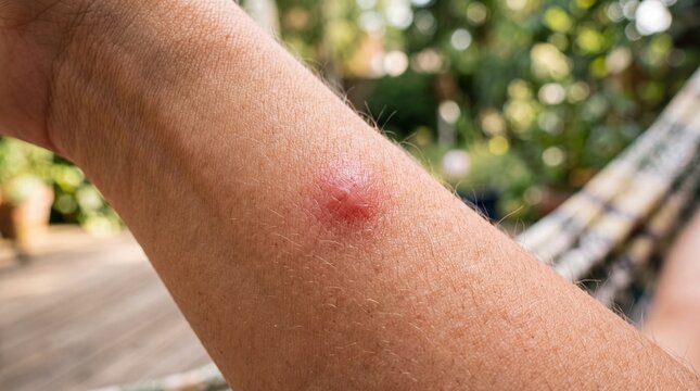 Close-up of mosquito bite on skin in garden setting