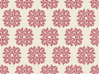 Fototapeta premium damask seamless pattern background featuring intricate acanthus scrollwork arranged in symmetrical four-sided clusters. Ornate vintage wallpaper in rich burgundy red on a soft cream beige backdrop.
