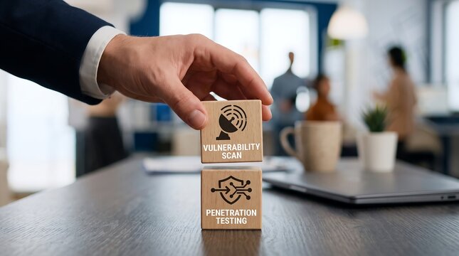 Businessman placing wooden blocks with vulnerability scan and penetration testing on office table