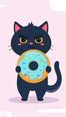 Fototapeta premium Cute Grumpy Black Cat Holding Sprinkle Donut on Pastel Pink Background