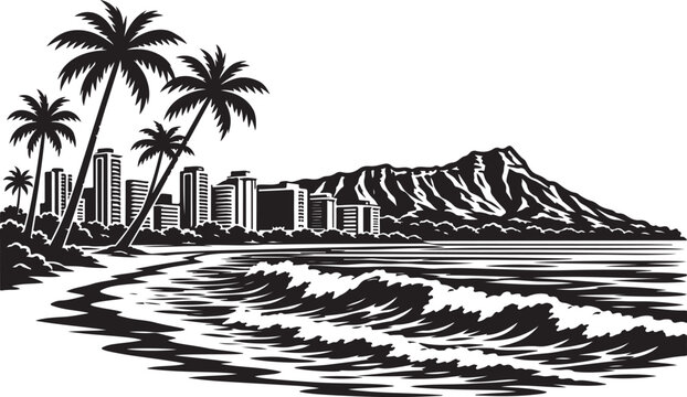 Waikiki Beach Silhouette Vector Illustration, Tropical Beach with Mountain and Ocean Waves Silhouette