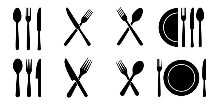 Fork, knife, plate and spoon. Silverware icons.  Menu symbol. Black silverware icon. Vector illustration.