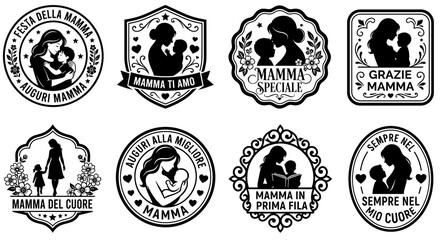 Fototapeta premium Elegant black silhouette Italian Mother's day badge collection featuring festa della mamma vector typography labels with mom and baby for vintage greeting card and stamp design.