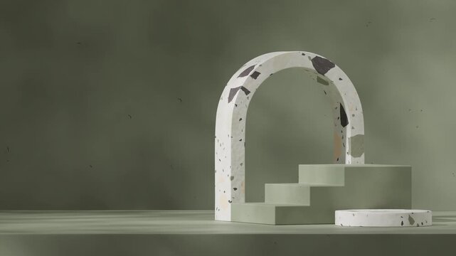 green color stair podium looping seamless shadow animation with white terrazzo pattern arch, 3d video rendering scene mockup