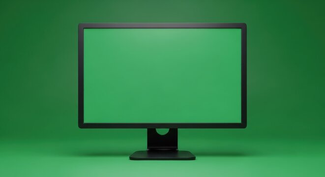 A sleek computer monitor displays a vibrant green screen in a dark room.