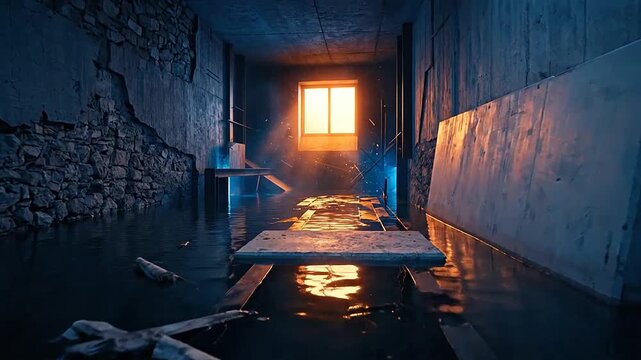 A flooded dark room with a bright glowing window at end