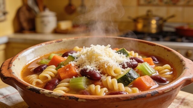 A steaming rustic bowl of minestrone soup loaded with pasta, kidney beans, zucchini, carrots, and celery, topped with grated parmesan cheese in a cozy kitchen setting, perfect for comfort food adverti