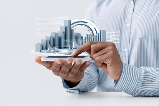 An investor uses a smartphone to analyze real-time data on tech stocks, with futuristic graphics indicating the role of technological advancements. The image is designed with enough copy space for
