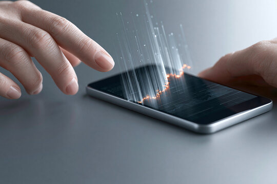 An investor uses a smartphone to analyze real-time data on tech stocks, with futuristic graphics indicating the role of technological advancements. The image is designed with enough copy space for