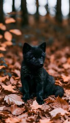 Fototapeta premium Curious fox cub explores autumn leaves a heartwarming scene of woodland serenity and gentle light