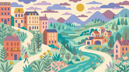 Fototapeta premium Charming illustrated village scene with person walking on path.