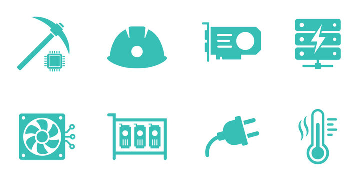Crypto mining equipment icon set in teal flat color style