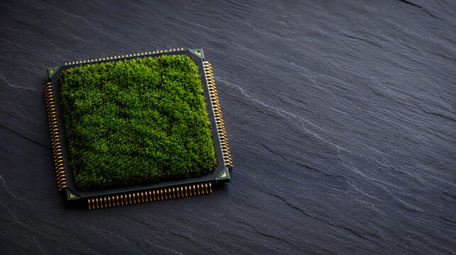 Square computer microchip with a central layer of vibrant green living moss