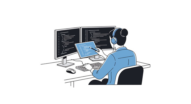 Female programmer working at desk with multiple monitors writing code vector illustration.