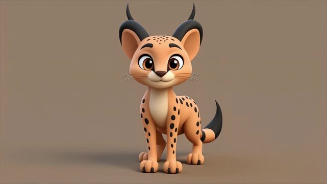Cute cartoon lynx cub standing still against a neutral background with soft studio lighting