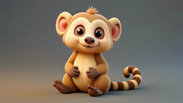 Cute cartoon monkey sitting in a studio setting with soft lighting and a neutral background