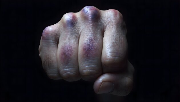 Close-up of boxer knuckle bruise and severe fist injury. Dramatic lighting photography for combat sport trauma on black background.