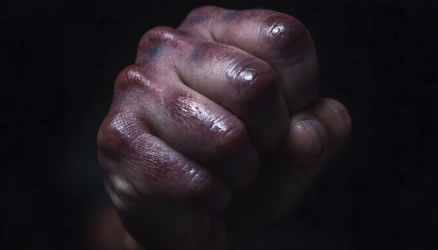 Boxer knuckle bruising on closed fist. Macro photography of hand joint injury with dark dramatic lighting isolated on black background.